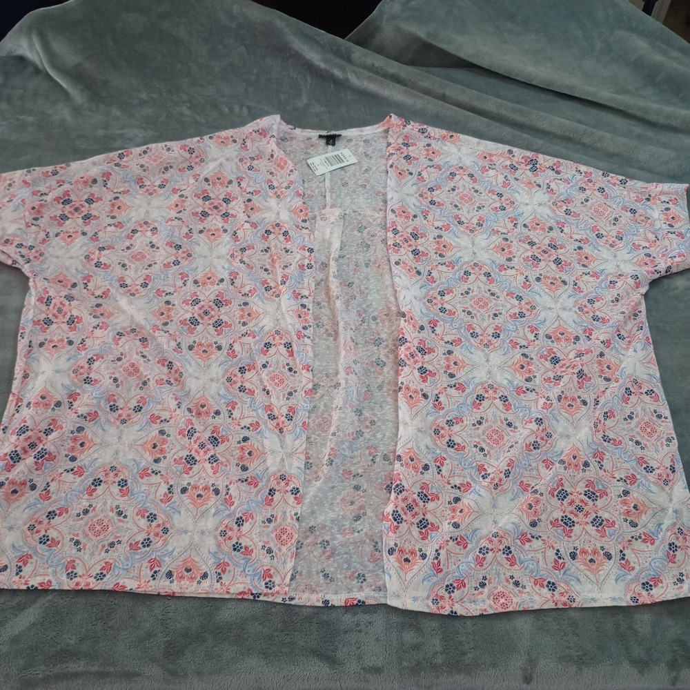 Torrid Dolman Cardigan Womens Size 4 Floral Pink Blue Boho‎ Short Sleeve Sheer